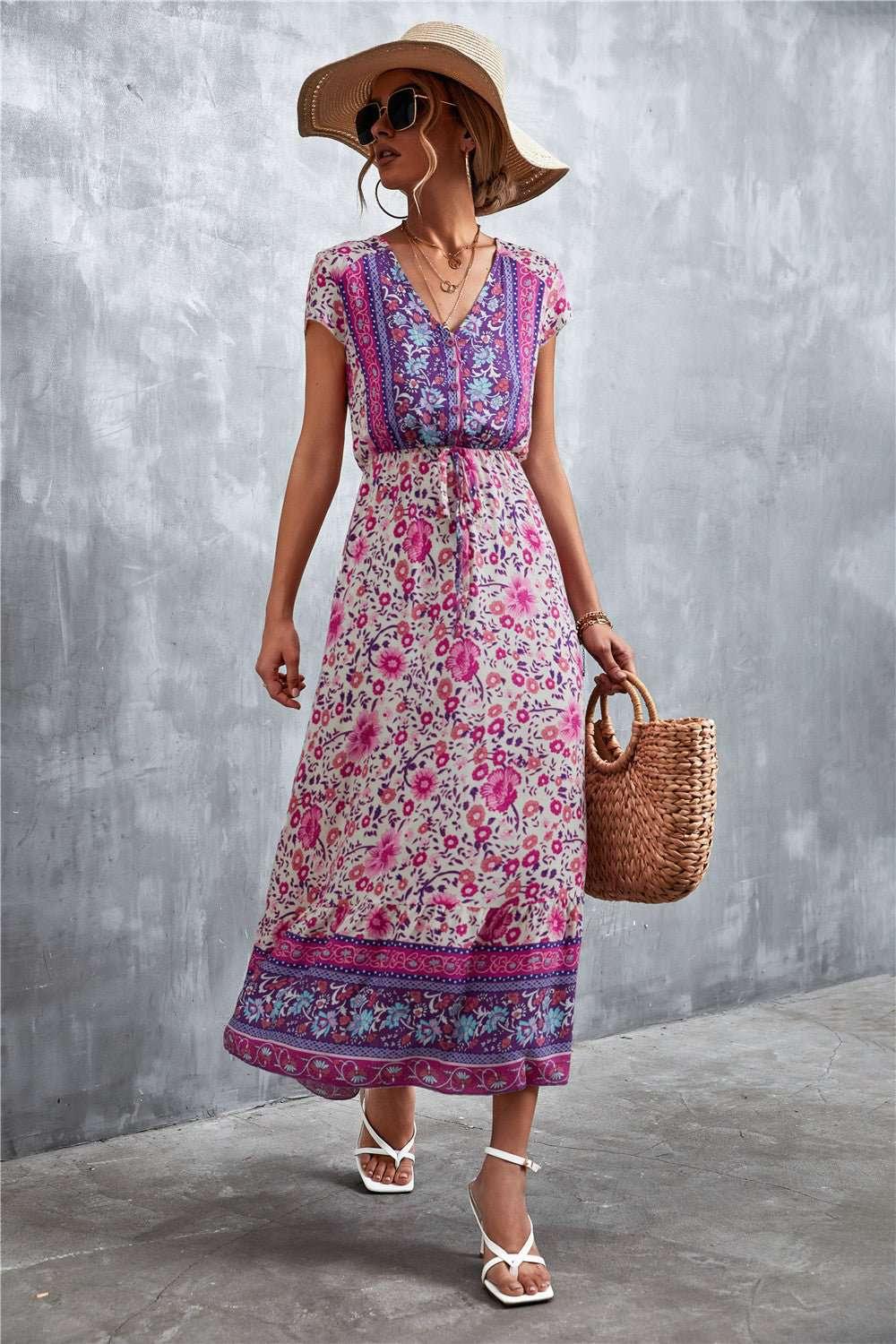 V - Neck Short Sleeve Printed Maxi Dress - VILLA FASHION